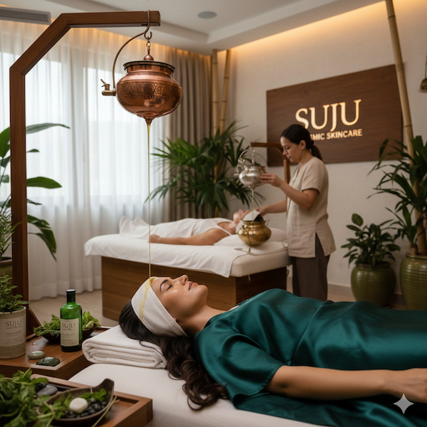 Shirodhara treatment session at Suju Cosmic Skincare & Spa LLC