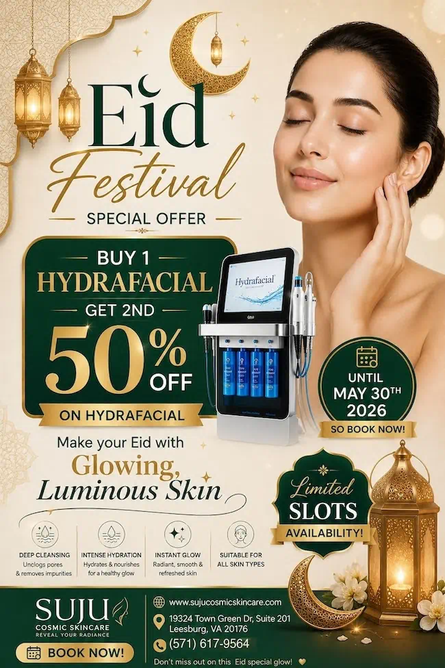 Eid promotional flyer for Suju Cosmic Skincare featuring Hydrafacial buy 1 get 1 free and 50% off beauty treatments